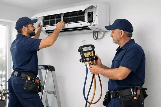 Cheap Cold Air HVAC technicians working on an air conditioning unit—professional, certified service you can trust.